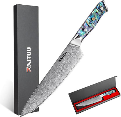 XITUO 8-Inch Damascus Steel Chef Knife, Japanese VG10 Super Steel Full Tang Blade, Razor Sharp Kitchen Knives, Ergonomic Abalone Shell Handle, Dazzling Series - Gift Box