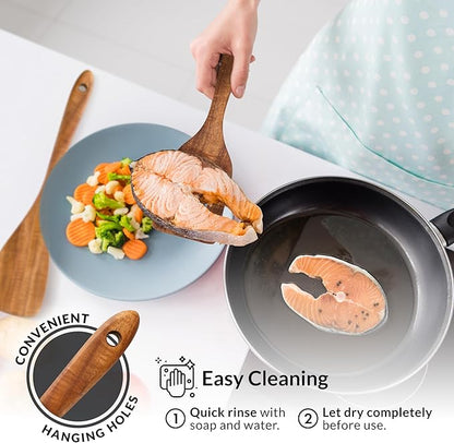 Zulay Kitchen Extra-Large 5-Piece Wooden Spoon Set - Smooth Teak Cooking Utensils - Comfort-Grip Non-Stick Turner, Spatula, Skimmer, Fork, Serving Spoon