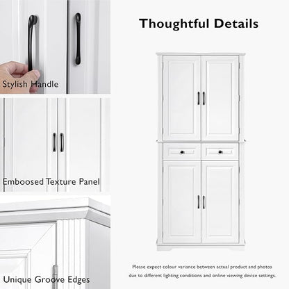VilroCaz Wooden 71" H Kitchen Pantry with 3 Pull Out Cabinet Organizers, Freestanding Cupboard Storage Cabinet with 4 Doors and 2 Drawers, Farmhouse Embossed Texture Design (White-5.K)