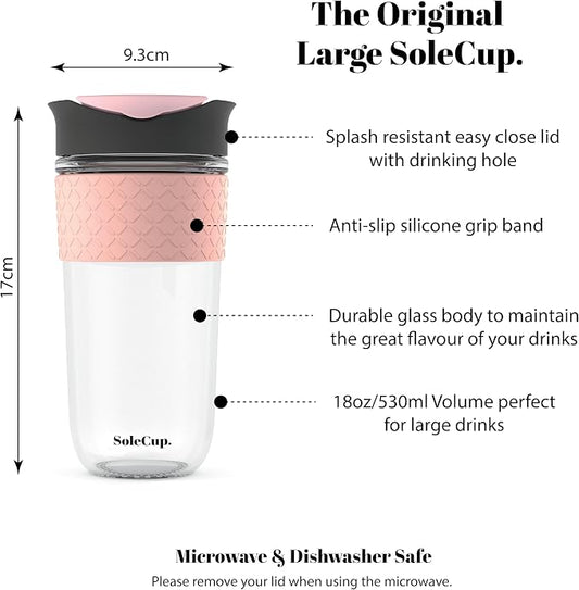 Large Travel Mug - Reusable Glass Coffee Mug - 18oz/530ml BPA-Free Hot Drink Travel Mug with Lid & Silicone Band (Gray and Pink, 18oz)