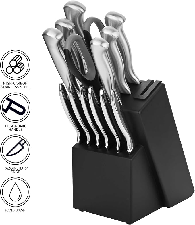 15-Piece Stainless Steel Chef Kitchen Knife Sets with Block & Built-In Sharpener, Professional Chef Knife Sets with Scissors, Steak Knives