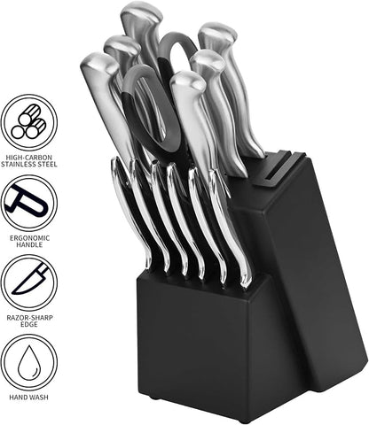 15-Piece Stainless Steel Chef Kitchen Knife Sets with Block & Built-In Sharpener, Professional Chef Knife Sets with Scissors, Steak Knives