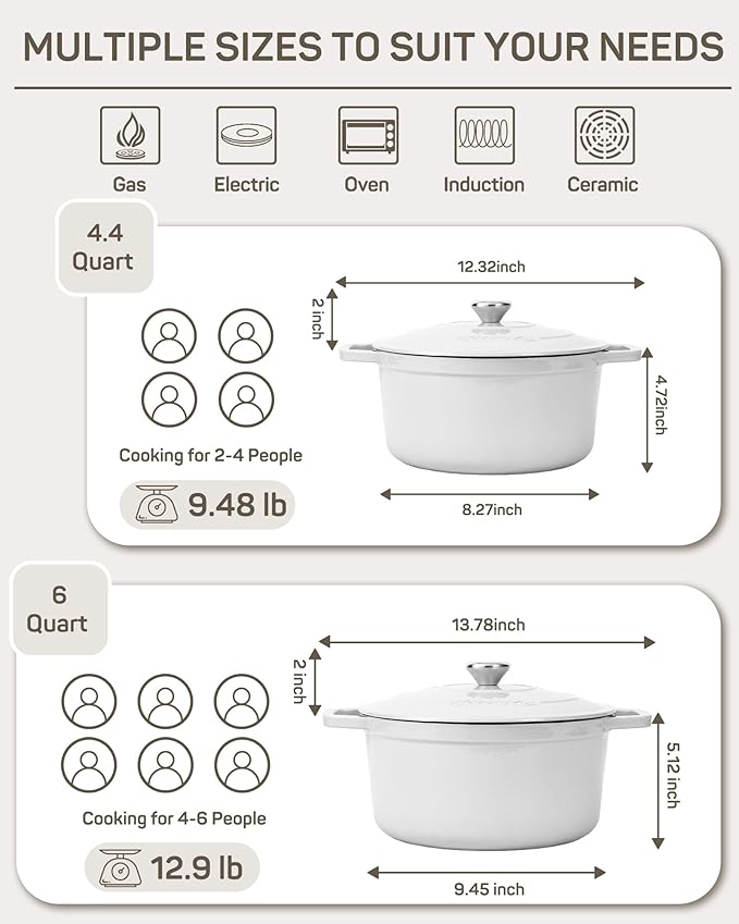 Ciwete 6 QT Dutch Oven Pot with Lid, Enameled Cast Iron Dutch Oven for Bread Making, Braiser, Cooking, Dual Handles, Oven Safe up to 500° F or on Stovetop, Gifts for Family - Off White