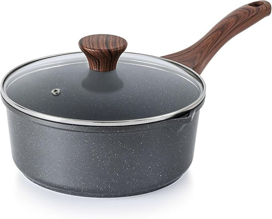 SENSARTE Nonstick Sauce Pan with Double Spout, 3.0 Quarts Swiss Granite Coating Sauce Pot with Lid Medium Kitchen Cooking Pot, Induction Compatible Saucepan, Free of Intentionally Added PFOA
