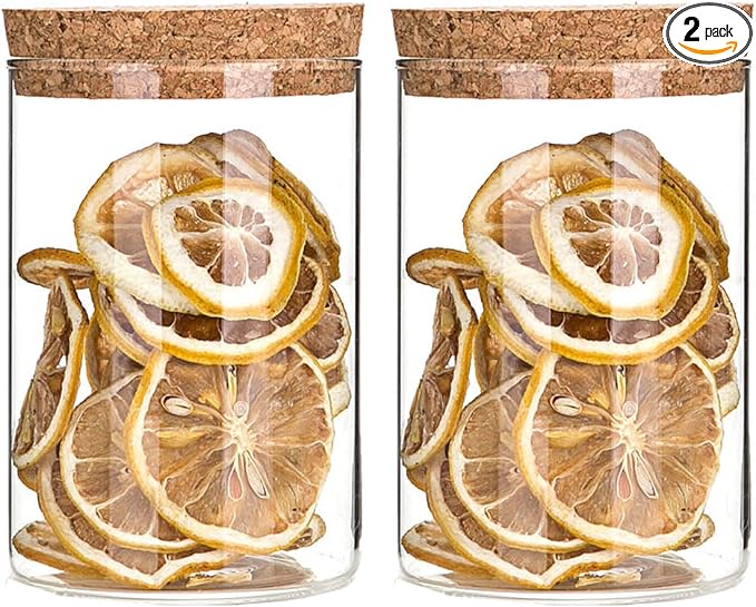 Airtight Glass Storage Containers with cork Lid, for Kitchen Pantry Organization and Storage jar，Ideal for Coffee Beans Snacks Flour Cereal Sugar Tea 21oz. (Circular 4.7 * 3.3in*2pcs)