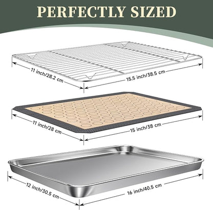 Stainless Steel Baking Sheet Tray Cooling Rack with Silicone Baking Mat Set, 16 x 12 x 1 Inch Cookie Sheet Pan with Wire Rack Set, Set of 6 (2 Sheets + 2 Racks + 2 Mats), Heavy Duty & Rust Proof