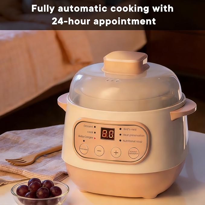 Pink 1L Ceramic Slow Cooker with Steamer Basket, 200W Mini Electric Stew Pot, 24-Hour Delayed Start & Auto Keep-Warm, Household Kitchen Safety Dry-Burn Protection Porridge & Soup Pot