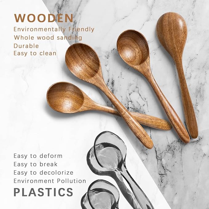 4 PCS Wooden Spoons for Honey, 6.7 inch Small Wooden Spoons - Terrific for Tea, Coffee & Soup, Little Acacia Wood Serving Table Spoon Set, Bulk Bamboo Teaspoon for Eating with Unique Design
