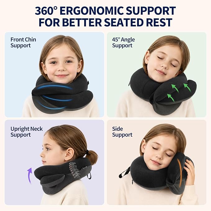 BUYUE Kids Travel Pillows for Airplane, Memory Foam 360° Head Support Sleeping Essentials for Long Flight, Skin-Friendly Soft Neck Pillow for Traveling in Car Seat, (Small, Black Grey, 40-90 lbs)