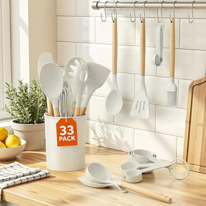 WISELIFE Kitchen Utensils Set - 33 PCS, Heat-Resistant Silicone Cooking Utensils Set with Wooden Handle, BPA-Free Kitchen Gadgets Spatula Sets with Holder for Nonstick Cookware (White)