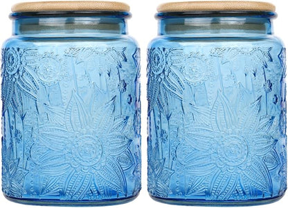 Custde Glass Storage Jars With Airtight Lid, 23.7oz Canister For Kitchen Counter with Bamboo Lid, brown sugar, candy, coffee, cookie, salt, tea,pantry cute Jar (Blue 2-Pack, 23.7 fl oz)