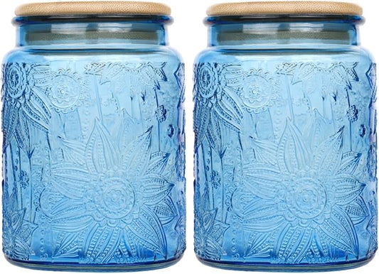 Custde Glass Storage Jars With Airtight Lid, 23.7oz Canister For Kitchen Counter with Bamboo Lid, brown sugar, candy, coffee, cookie, salt, tea,pantry cute Jar (Blue 2-Pack, 23.7 fl oz)
