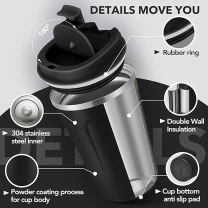 Volhoply 12 oz Double Wall Insulated Vacuum Travel Coffee Mug with Flip Lid Bulk 4 Pack,Reusable Stainless Steel Leak Proof Coffee Cups,Portable Cafe Thermal Tumbler for Hot & Cold Drinks(Black,4 Set)