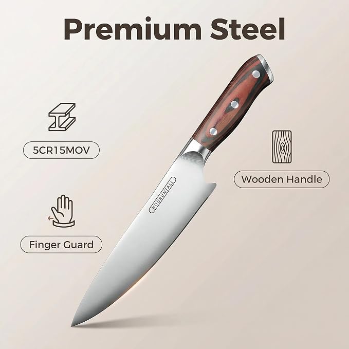 8 Inch Chef Knife with Innovative Safety Notch, Forged 5CR15MOV High Carbon Stainless Steel Kitchen Knife, Ultra Sharp Vegetable &Meat Cleaver with Ergonomic Wood Handle for Pro Chefs