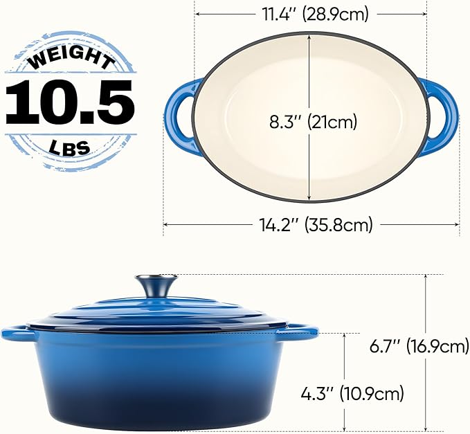 Oval Dutch Oven for Bread Baking, 4.5 Quart Non Stick Enameled Cast Iron Dutch Oven Pot with Lid, Oven Safe Oval Casserole with Lid up to 500°F for Baking, Braising, Stews, Roasting (Blue)