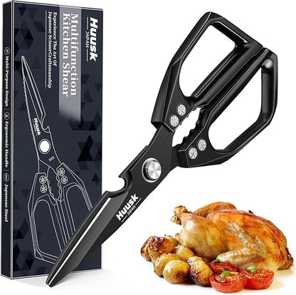 Huusk Kitchen Scissors for Food - Stainless Steel, Sharp Black Meat Scissors, Dishwasher Safe, Heavy Duty Poultry Shears, Japanese Cooking Scissor for Chicken, Turkey, and More