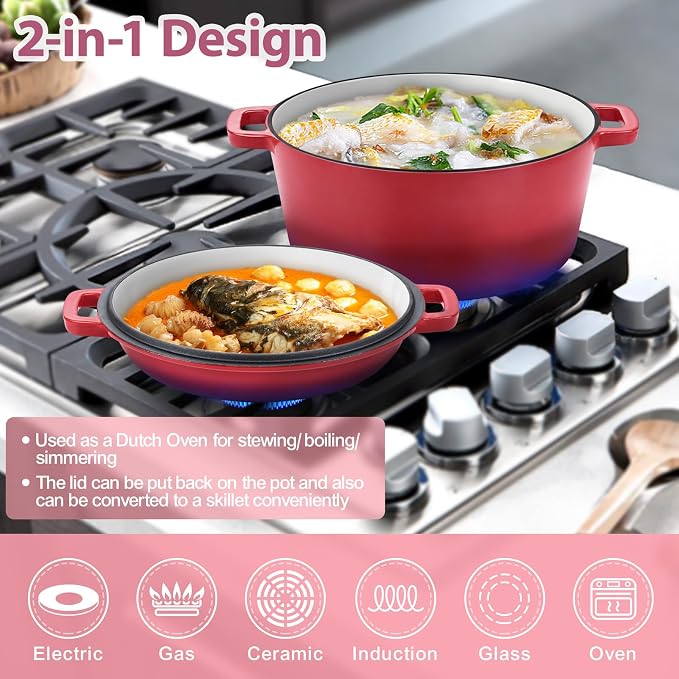 TeamFar 2-In-1 Enameled Cast Iron Dutch Oven, 5 Quart Dutch Oven Pot Cookware with Skillet Lid for Bread Baking Braising Stewing Roasting, Heavy-Duty & Nonstick, Oven Safe & Fit for Induction (Red)
