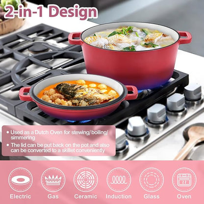 TeamFar 2-In-1 Enameled Cast Iron Dutch Oven, 5 Quart Dutch Oven Pot Cookware with Skillet Lid for Bread Baking Braising Stewing Roasting, Heavy-Duty & Nonstick, Oven Safe & Fit for Induction (Red)