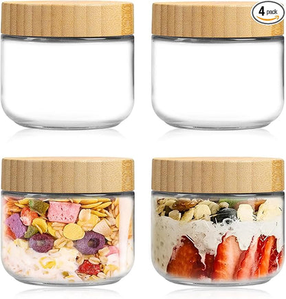 AMEITECH 4 Pack 10 oz Overnight Oats Containers with Bamboo Lids, Reusable Glass Food Storage Jars with Airtight Lids, Wide Mouth Mason Jars for Snack Yogurt Fruit Salad