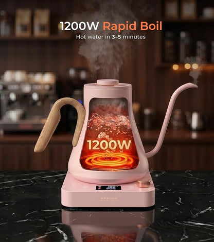 Epeios Electric Kettle, Gooseneck Electric Kettle with ±1°F Temperature Control, 1200W Rapid Heating for Pour Over Coffee & Tea, 304 Stainless Steel Interior, Auto Shut-Off, 0.9L, Pink