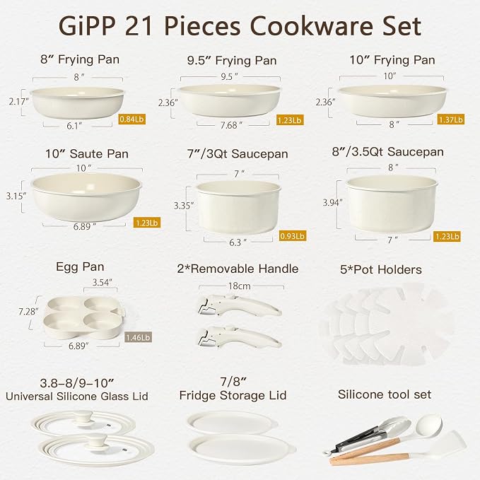 GiPP Ceramic Pots and Pans Set Non Stick, Nonstick Detachable Handle Cookware Sets, Healthy Non Toxic PFAS PFOA & PTFE Free, Dishwasher ＆Oven Safe, Induction Kitchen Pot and Pan, 21 Piece Cream