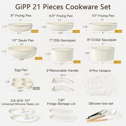 GiPP Ceramic Pots and Pans Set Non Stick, Nonstick Detachable Handle Cookware Sets, Healthy Non Toxic PFAS PFOA & PTFE Free, Dishwasher ＆Oven Safe, Induction Kitchen Pot and Pan, 21 Piece Cream