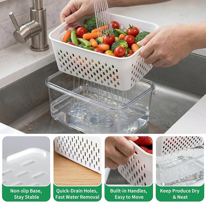 Vegetable Containers for Fridge, Stay Fresh Fruit Vegetable Storage Containers with Lid and Removable Colander, Stackable Vegetable Storage for Berry Salad Lettuce Vegetables Meat Various Food, 3PCS