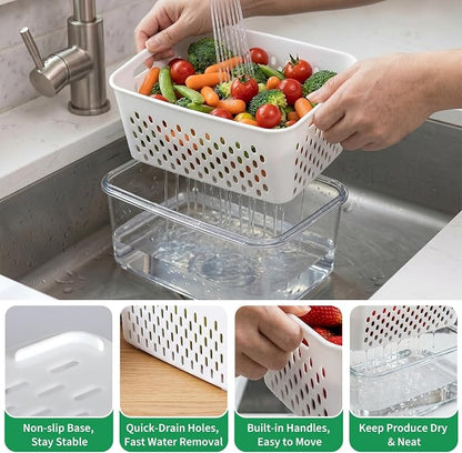 Vegetable Containers for Fridge, Stay Fresh Fruit Vegetable Storage Containers with Lid and Removable Colander, Stackable Vegetable Storage for Berry Salad Lettuce Vegetables Meat Various Food, 3PCS