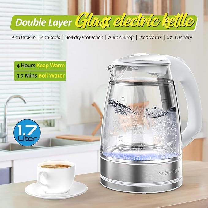 NISVITU 1.7L Dual Wall Cool Touch Electric Kettle, BPA-Free Borosilicate Glass Inner, PC Outer, 1500W Fast Boil Cordless Hot Water Boiler & Electric Tea Kettle, Keep Warm, Auto Shut-Off, White