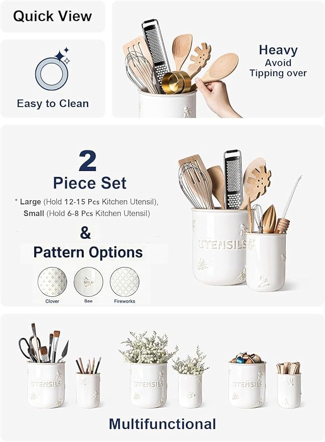 LE TAUCI Kitchen Utensil Holder Set of 2 - 6.9"+5.3" Large Ceramic Cooking Utensil Crock & Organizer for Spatula, Spoon, Whisk - Farmhouse Countertop Storage, Arctic White, Embossed, Bee