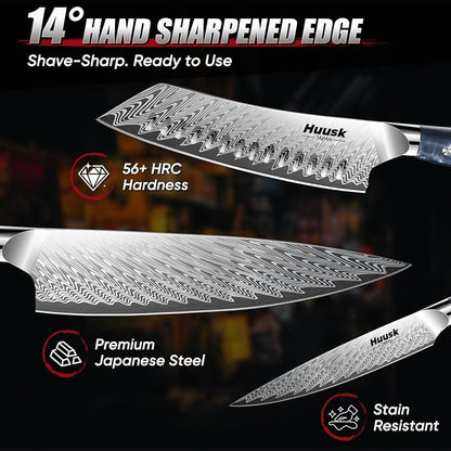 Huusk Japanese Knife Set 3 PCS - Stainless Chef Knife Set with Sheath & Ergonomic Resin Handle, Hand Sharpened Full Tang Professional Kitchen Knives for All Purpose, Fathers Day Gift Idea for Men Dad