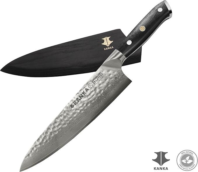KANKA Chef Knife Damascus Steel 8" - 67 Layer Professional Steel, 10Cr Core, Razor-Sharp 62 HRC Edge, Ergonomic G-10 Fiberglass Handle, Wood Sheath INCLUDED – Chef Kitchen Knife for Precise Cutting