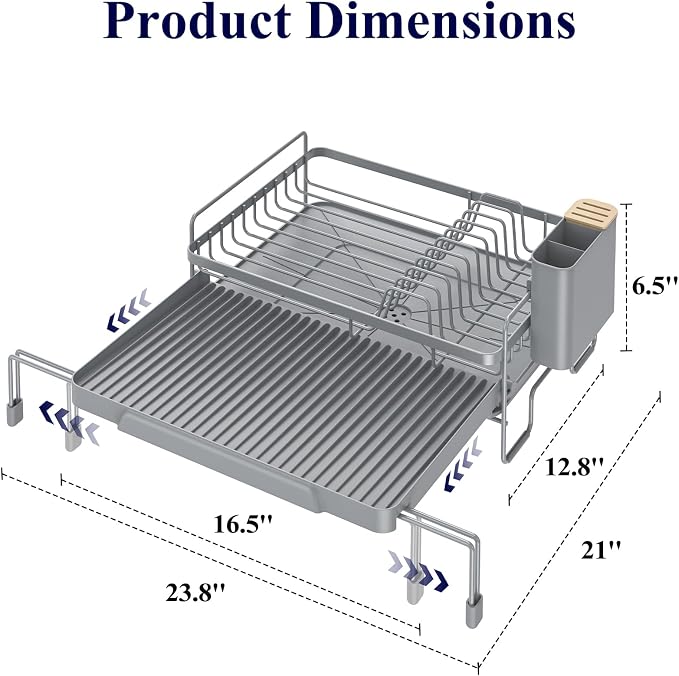 Kitsure Extendable Dish Drying Rack - Adjustable Length 12.8"–21.0", Auto-Draining Dish Rack for Kitchen Counter, Rust-Resistant Metal Frame Over-Sink Support for Plates, Bowls & Utensils, Grey