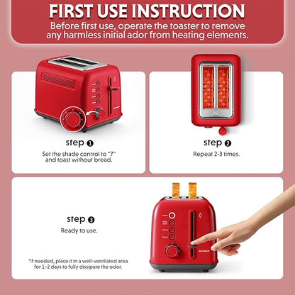 BUYDEEM DT620 2-Slice Toaster, 7 Shade Settings, Extra Wide 1.5'' Slots for Bagel & English Muffin, 6 Toasting Functions, Retro Stainless Steel Toaster with High Lift Lever, Red