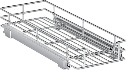 Pull Out Cabinet Organizer, 9" W x 21.5" D, Heavy Duty Chrome Slide Out Shelf for Narrow Base Cabinets, Sliding Wire Basket Drawer for Spices, Bottles, Snacks & Cleaning Supplies