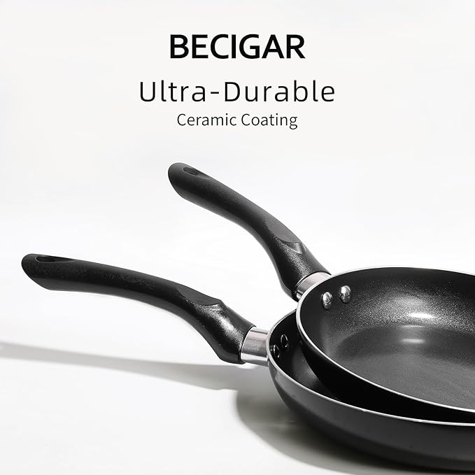 BECIGAR 8 Pcs Ceramic Pots and Pans Set, Cooking Pan Set, Nonstick Cookware Set, Induction Safe Kitchen Cooking Set with Frying Pans, Saucepans, shovel and Ladle, Blcak