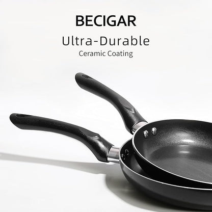 BECIGAR 8 Pcs Ceramic Pots and Pans Set, Cooking Pan Set, Nonstick Cookware Set, Induction Safe Kitchen Cooking Set with Frying Pans, Saucepans, shovel and Ladle, Blcak
