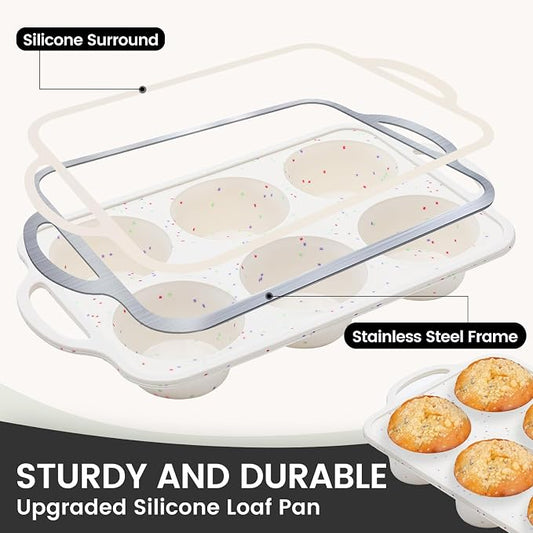 Vinino Jumbo Muffin Pan with Metal Reinforced Frame-1Pack, Large Silicone Cupcake Pan for Baking 6 Cup Jumbo Size, Silicone Muffin Tray, Cupcake Baking Pan Molds for Oven Dishwasher Safe-Cream
