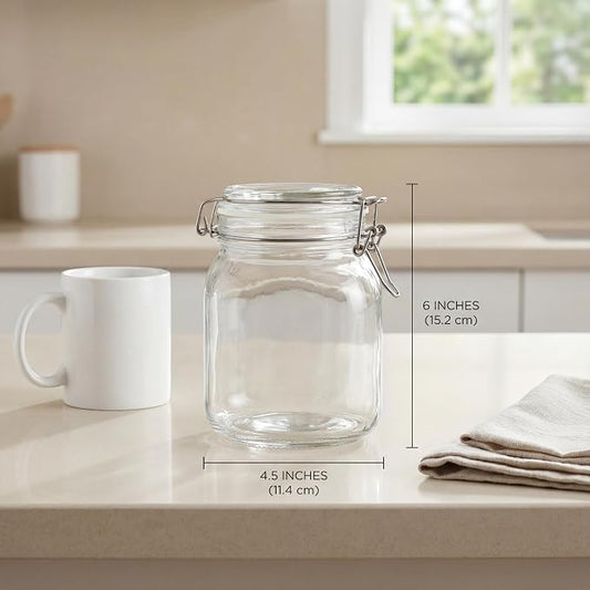 Kingrol 34 oz / 1000 ml Glass Storage Jars (Set of 4), Airtight Clamp Lid Canisters with Wide Mouth for Pantry Organization, Pickling, Fermentation & Dry Food Storage