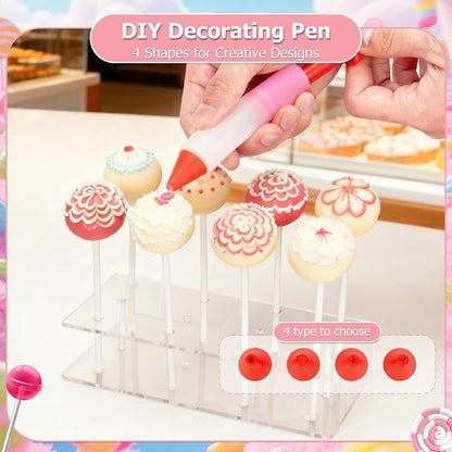 605-Piece Cake Pop Kit with Cake Pop Sticks and Wrappers, Treat Bags, Decorating Pen, Meat Baller & Display Stand - Complete Baking Set for Family Kitchen & Home Baking Enthusiasts Creating Candies