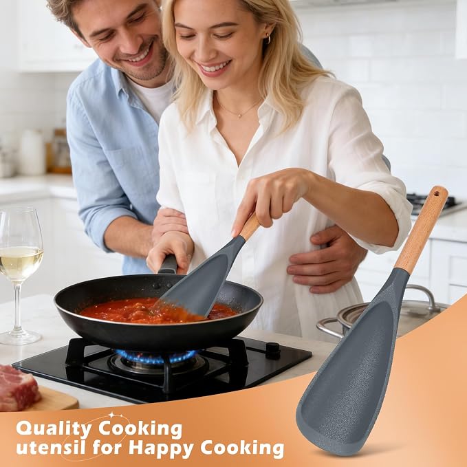 Cooking Spoon Set with Wooden Handle, Heat-Resistant Kitchen Utensils for Stirring, Mixing, Serving, Non-Stick Cookware (GRAY - 1Pack)
