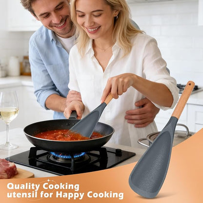 Cooking Spoon Set with Wooden Handle, Heat-Resistant Kitchen Utensils for Stirring, Mixing, Serving, Non-Stick Cookware (GRAY - 1Pack)