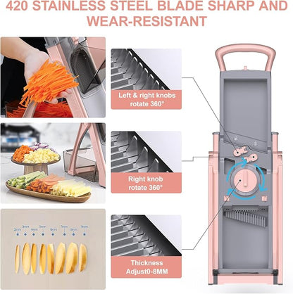 [All in 1] Upgraded Version Safe Mandoline Slicer for Kitchen, Adjustable Thickness. Veggie Slicer, Rapid Prep Mandoline, Detachable Blade, Cleaning Brush/Paring Knife (GrayPink)