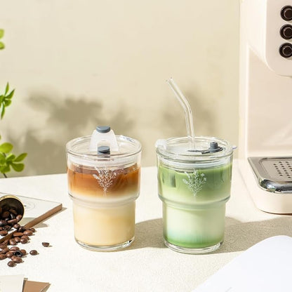 Olvini Mothers Day Gifts For Mom 13oz Glass Tumbler with Straw and Lid, Reusable Iced Coffee Cup Tumbler, Cute Glass Cups for Water, Matcha, Travel Coffee Mugs (Wildflower- 13oz)