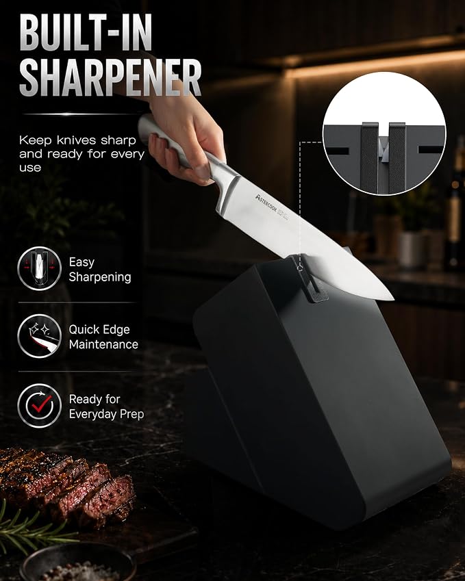 Astercook Knife Set, 15 Piece German Steel Kitchen Knife Set with Built-in Sharpener, One-Piece Knife Block Set Rust-Resistant Dishwasher Safe Block Knives Set for Cooking & Gift (Midnight Black)