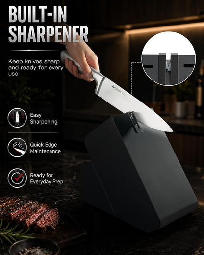 Astercook Knife Set, 15 Piece German Steel Kitchen Knife Set with Built-in Sharpener, One-Piece Knife Block Set Rust-Resistant Dishwasher Safe Block Knives Set for Cooking & Gift (Midnight Black)