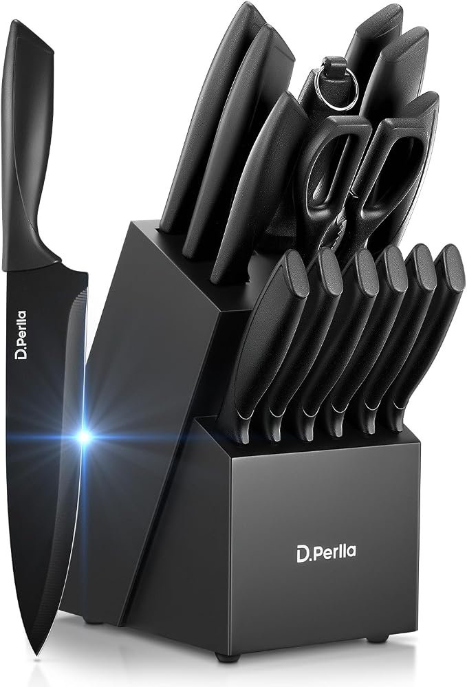 Knife Set, D.Perlla 15 Pieces Knife Sets for Kitchen with Block, Dishwasher Safe Kitchen Knife Set with Sharpener Rod, Black Coating German Stainless Steel Knife Block Set, Non-stick & Non Rust, Black