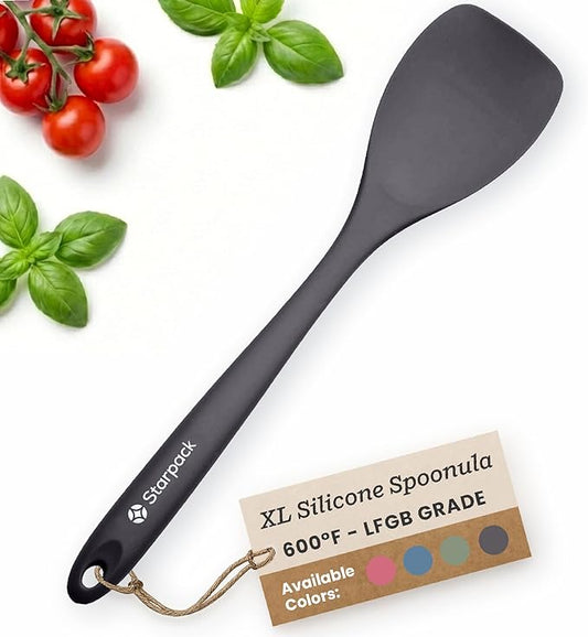 StarPack XL Spoonula The All-Rounder 13.5 Inches - LFGB Silicone Spoon Spatula, 600°F Heat Resistant, BPA-Free - One-Piece Seamless, Dishwasher Safe - for Nonstick Cookware and Deep Pots, Gray Black