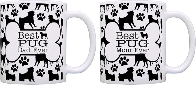 ThisWear Best Pug Mom Dad Ever Bundle Paws Dogs 2 Pack Gift Coffee Mugs Tea Cups Bone Pattern
