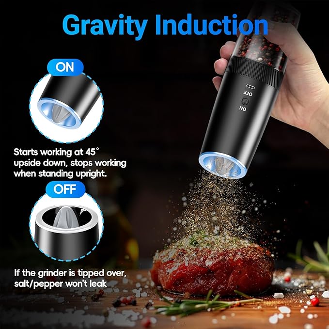 MealHelper Rechargeable Gravity Electric Salt and Pepper Grinder Set with LED Light, Type-C Fast Charging, Adjustable Coarseness, Large Capacity Grinder for Kitchen, Restaurant & Outdoor, (2 Pack)